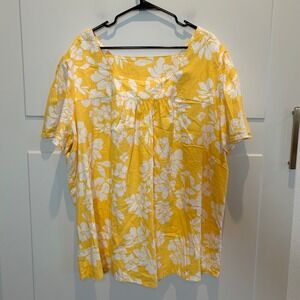 Women's‎ 3X Yellow Floral Square Neck Short Sleeve Blouse Top Recycled Polyester